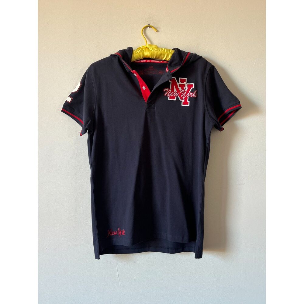 2000s Hooded NYC Polo Cotton Sporty Number Graphic Robin Ruth Navy Red Mens M